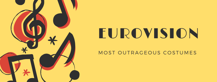 Music notes on the left of a graphic with a yellow background and 'Eurovision' is written to the right on top of 'Most Outrageous Costumes'