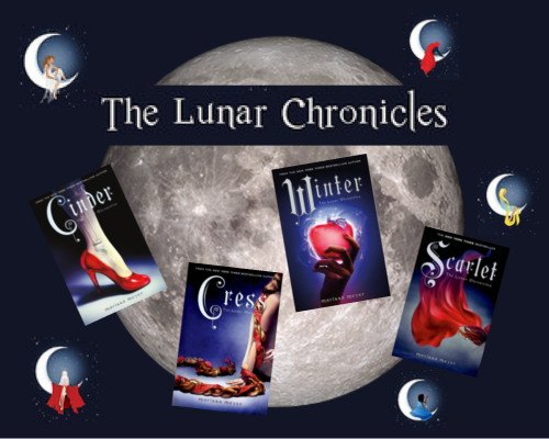 Image shows a moon with 'The Lunar Chronicles' written across the top of it and each of the four books on the graphic with a picture of each leading character sitting on their own moon