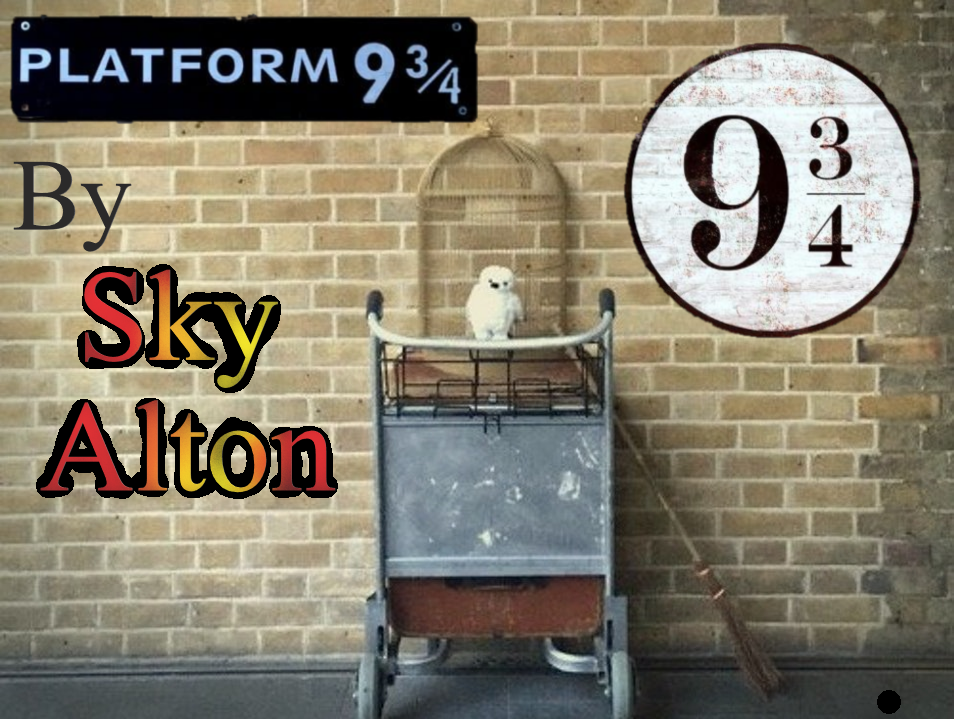picture shows a trolley at king's cross in the wall with two platform 9 3/4 signs on the wall and 'By Sky Alton' written