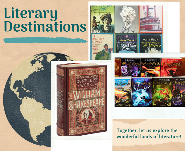 'Literary Destinations' written on the back with a world globe below and pictures of books with 'Together, let's explore the wonderful lands of literature!' written on the bottom right corner