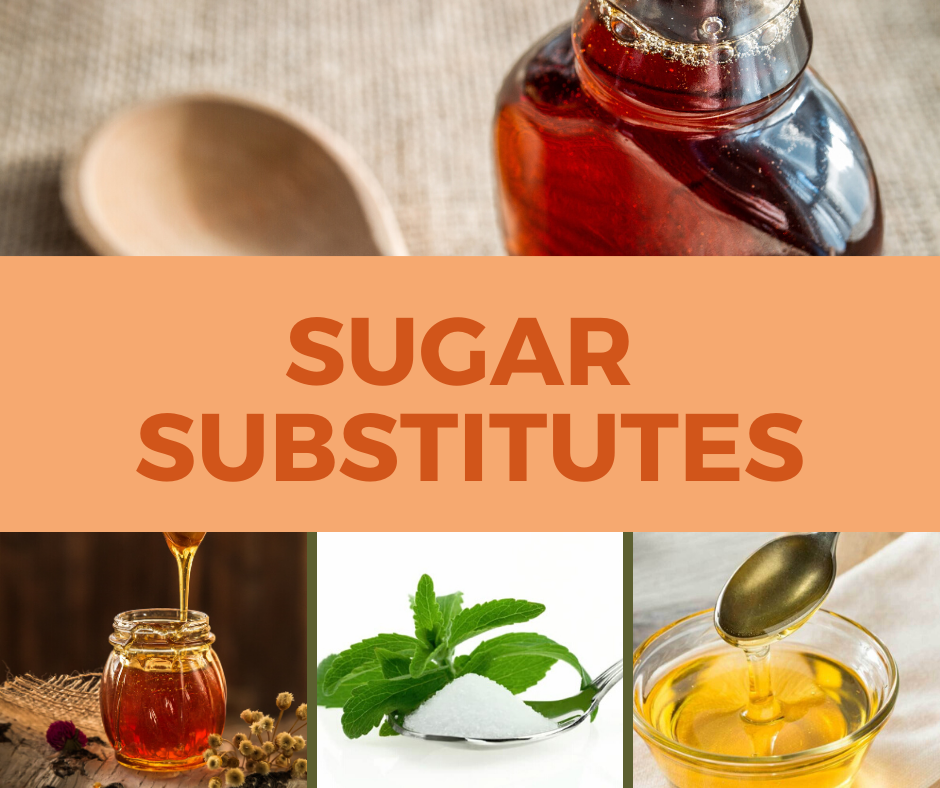 Image shows "Sugar Substitutes" written on an orange background with a picture of one substitute above and three pictures of substitutes including honey below