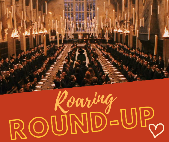 The Great Hall crowded with students and below with a slanted red background "Roaring" is written in cursive and "Round-Up" is written in large block letters with a heart below