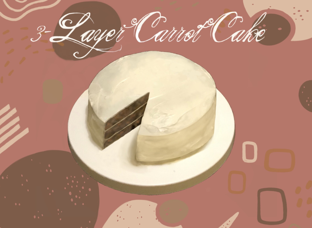 Image shows a white frosted cake with "3 Layer Carrot Cake" written above all on a pink background