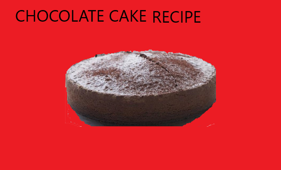 A chocolate cake with 'Chocolate Cake Recipe' written above on a red background