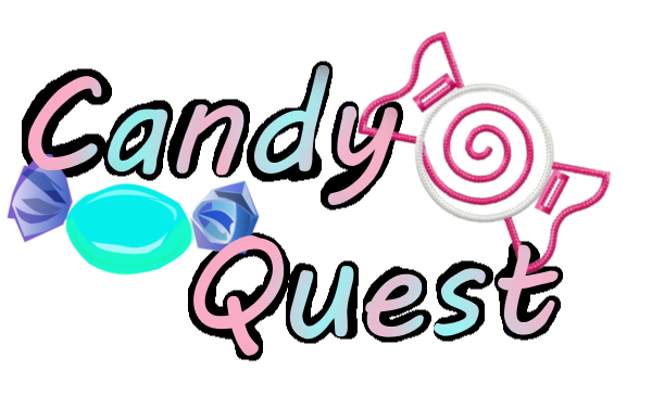 Candy quest written in pink and blue with a pink piece of candy on the right and a blue piece on the left